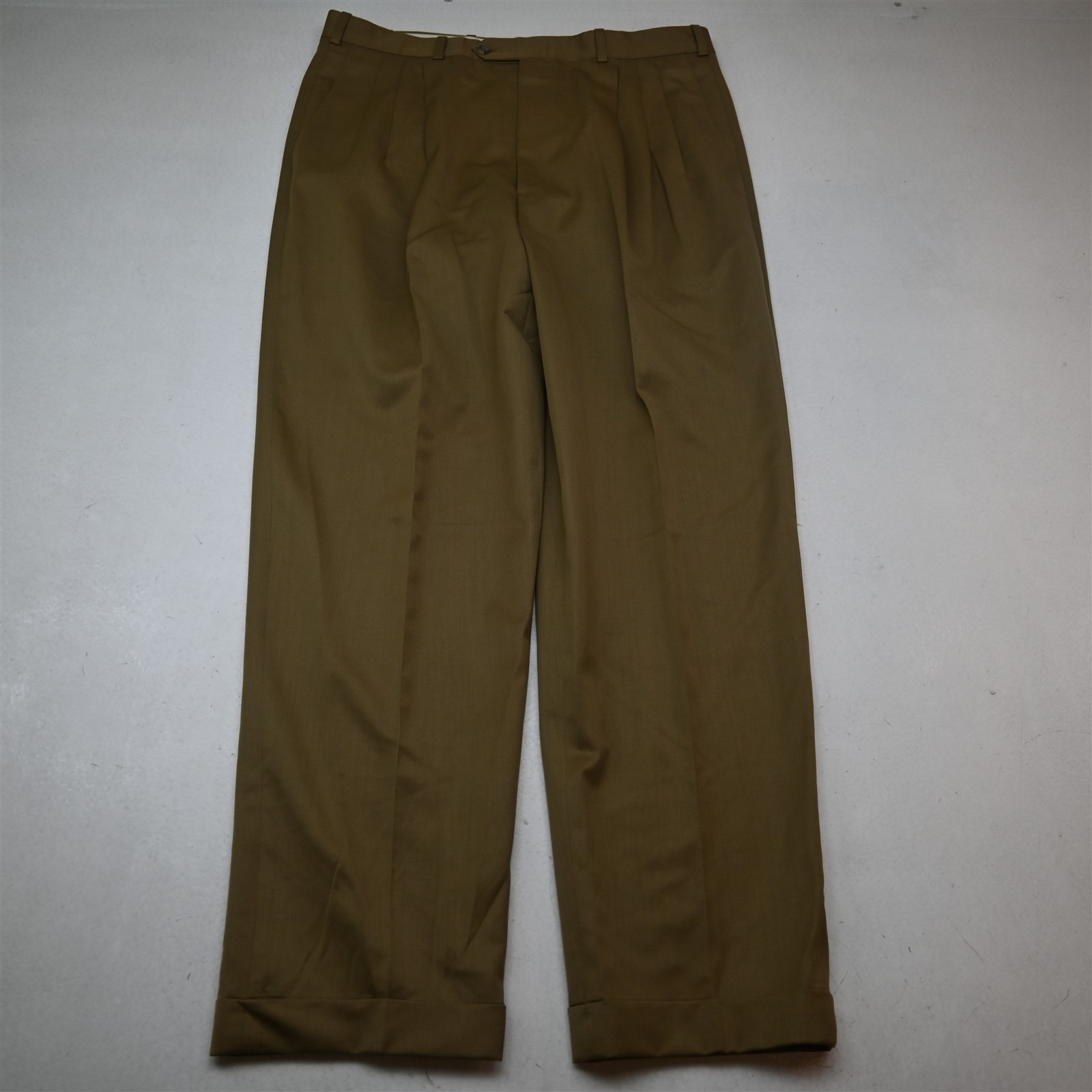 Vtg Usa Made 36x32 Camel Khaki 100% Wool Pleated Cuffed Baggy Dress Mens Pants